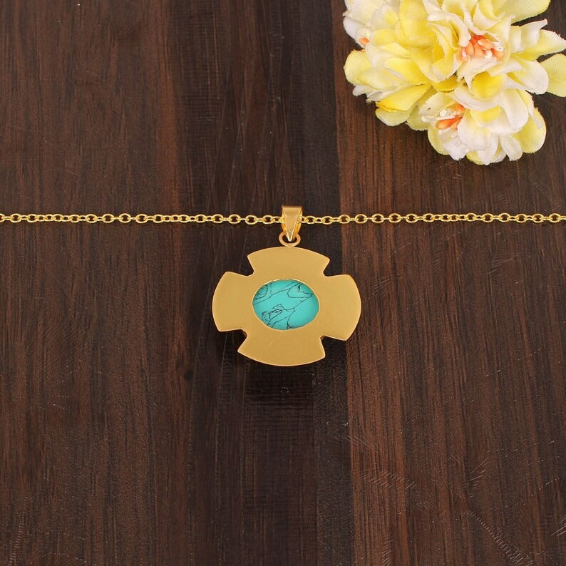 Synthetic Blur Turquoise Gemstone Gold Plated Brass Necklace