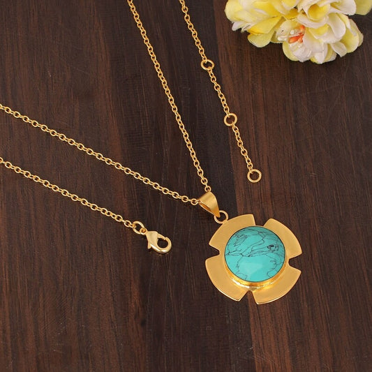 Synthetic Blur Turquoise Gemstone Gold Plated Brass Necklace