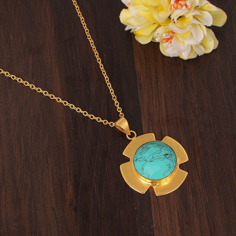 Synthetic Blur Turquoise Gemstone Gold Plated Brass Necklace