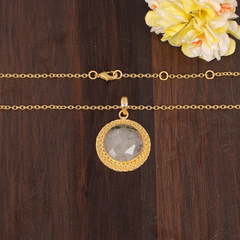 Natural Black Rutile Gemstone Gold Plated Brass Necklace