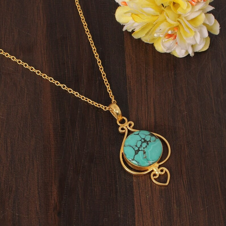 Natural Blue Tibetan Turquoise Gemstone Gold Plated Brass Necklace