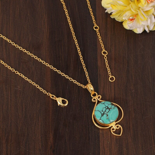 Natural Blue Tibetan Turquoise Gemstone Gold Plated Brass Necklace