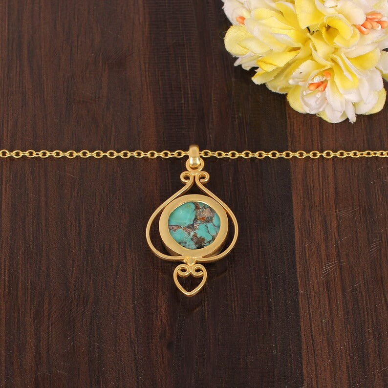 Natural Blue Tibetan Turquoise Gemstone Gold Plated Brass Necklace