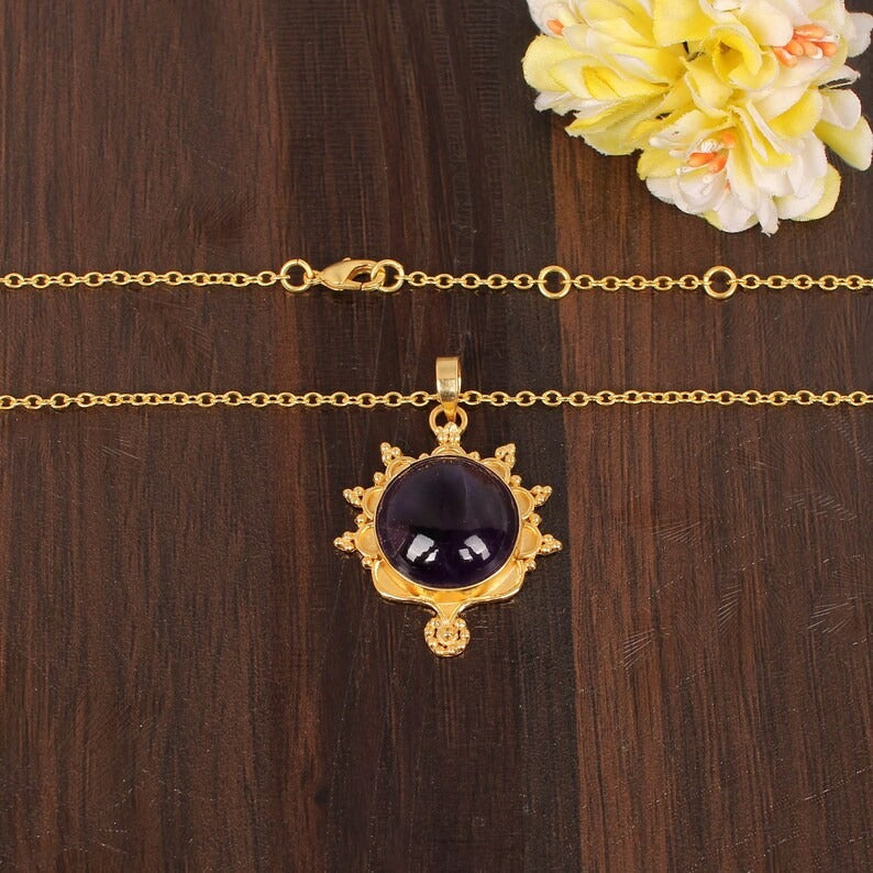 Natural Purple Amethyst Gemstone Gold Plated Brass Necklace