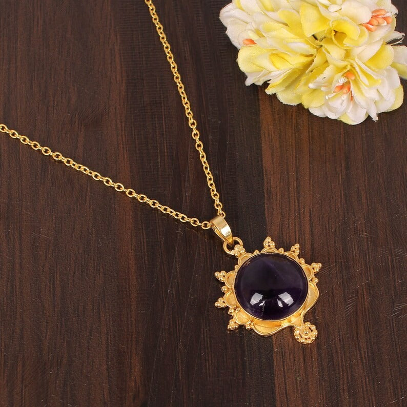 Natural Purple Amethyst Gemstone Gold Plated Brass Necklace