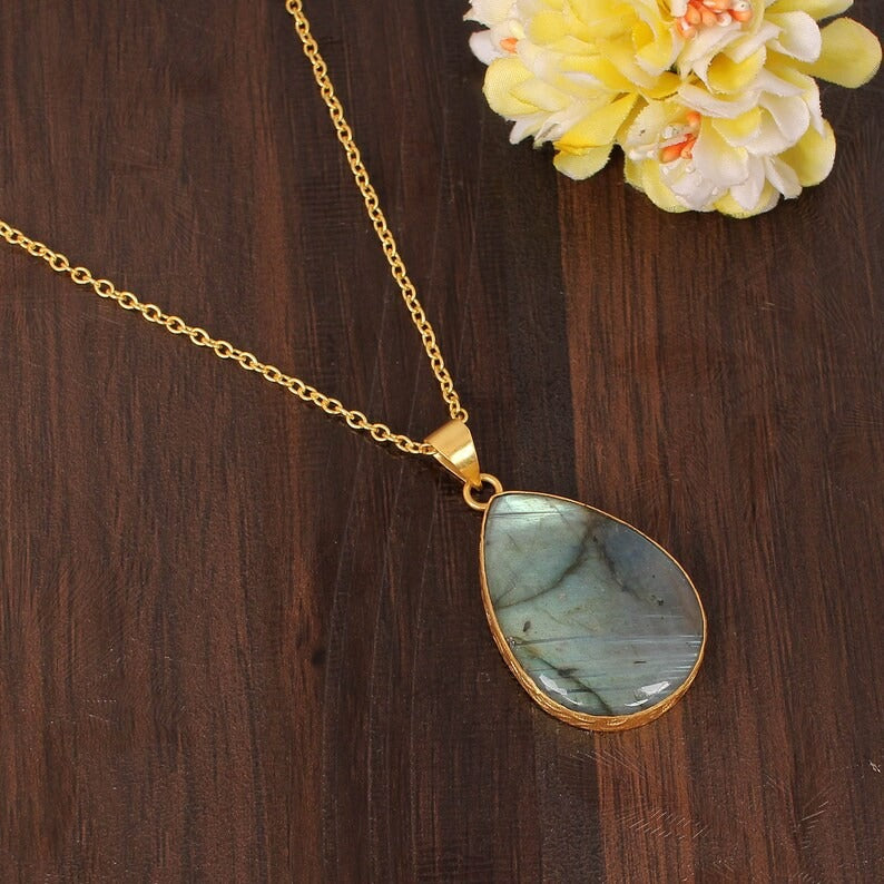 Natural Labradorite Gemstone Gold PLated Brass Necklace