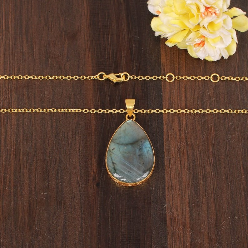 Natural Labradorite Gemstone Gold PLated Brass Necklace