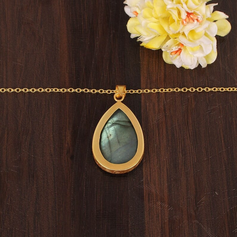 Natural Labradorite Gemstone Gold PLated Brass Necklace