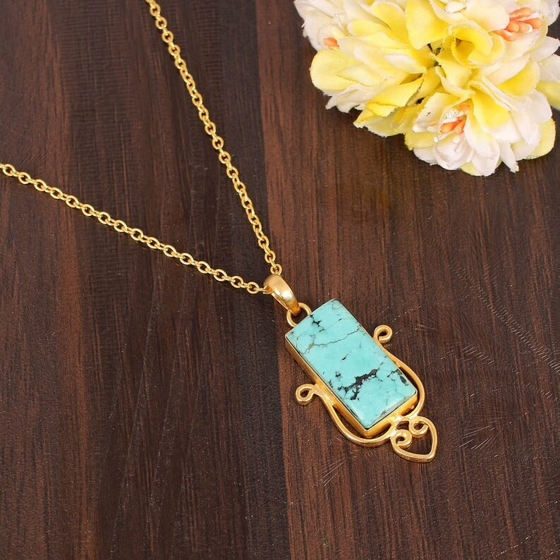 Natural Tibetan  Turquoise Gold Plated Brass Necklace