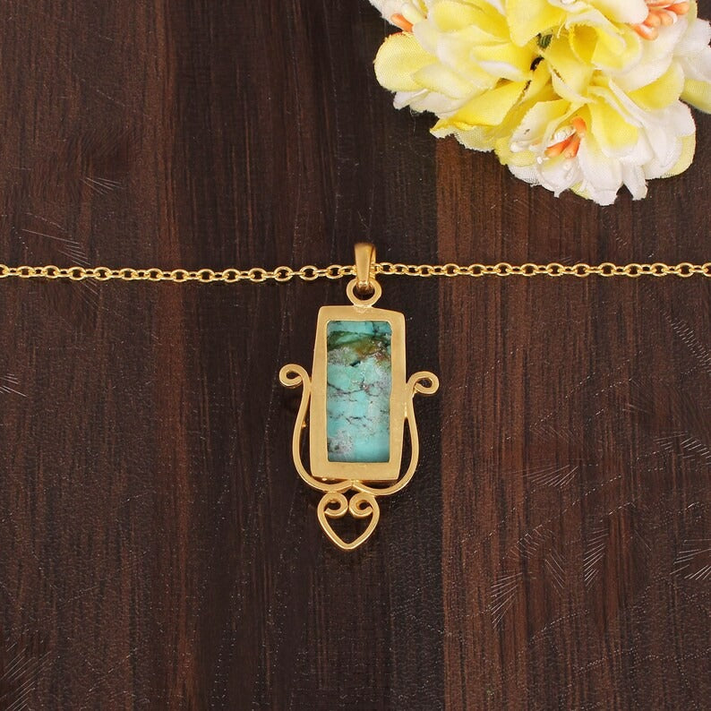 Natural Tibetan  Turquoise Gold Plated Brass Necklace