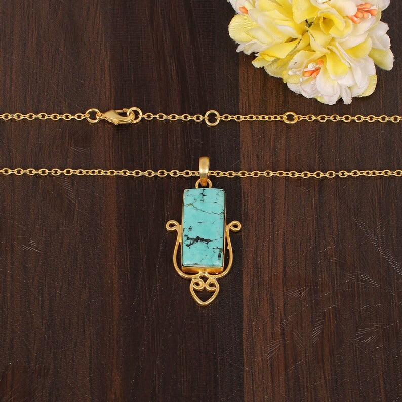 Natural Tibetan  Turquoise Gold Plated Brass Necklace