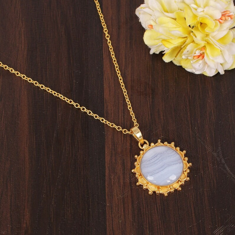 Natural Blue Lace Agate Gemstone Gold Plated Brass Necklace