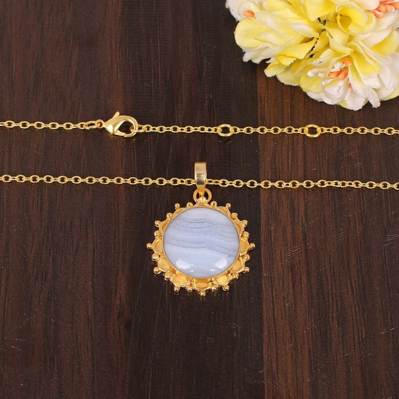 Natural Blue Lace Agate Gemstone Gold Plated Brass Necklace