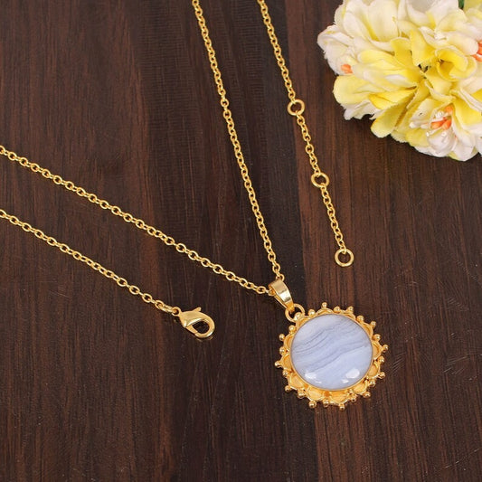 Natural Blue Lace Agate Gemstone Gold Plated Brass Necklace