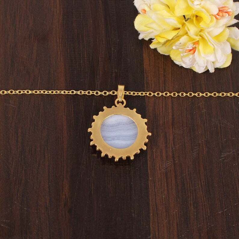 Natural Blue Lace Agate Gemstone Gold Plated Brass Necklace