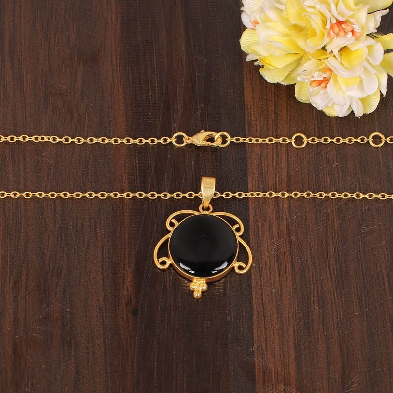 Natural Black Onyx Gemstone Gold Plated Brass Necklace