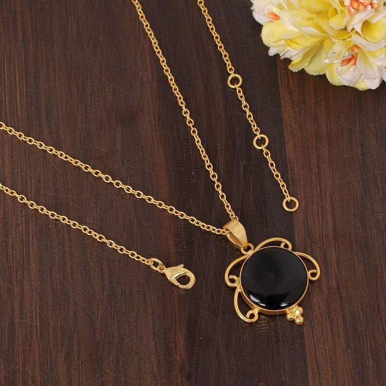 Natural Black Onyx Gemstone Gold Plated Brass Necklace