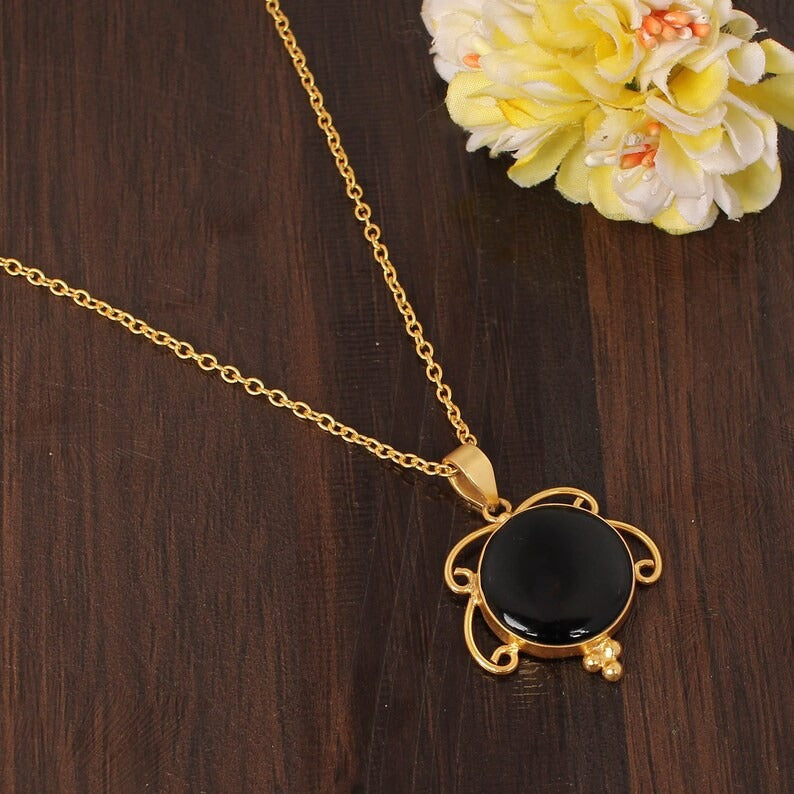 Natural Black Onyx Gemstone Gold Plated Brass Necklace