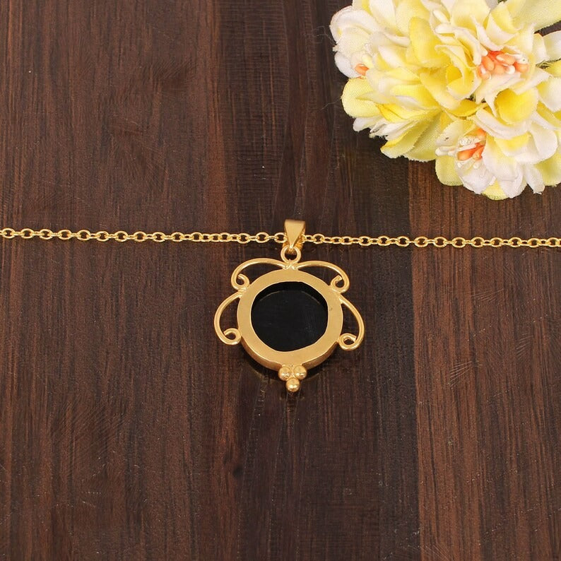 Natural Black Onyx Gemstone Gold Plated Brass Necklace