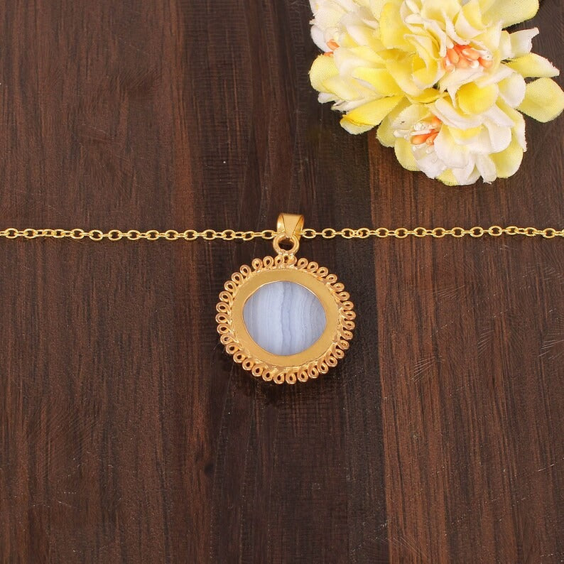 Natural Blue Lace Agate Gemstone Gold Plated Brass Necklace