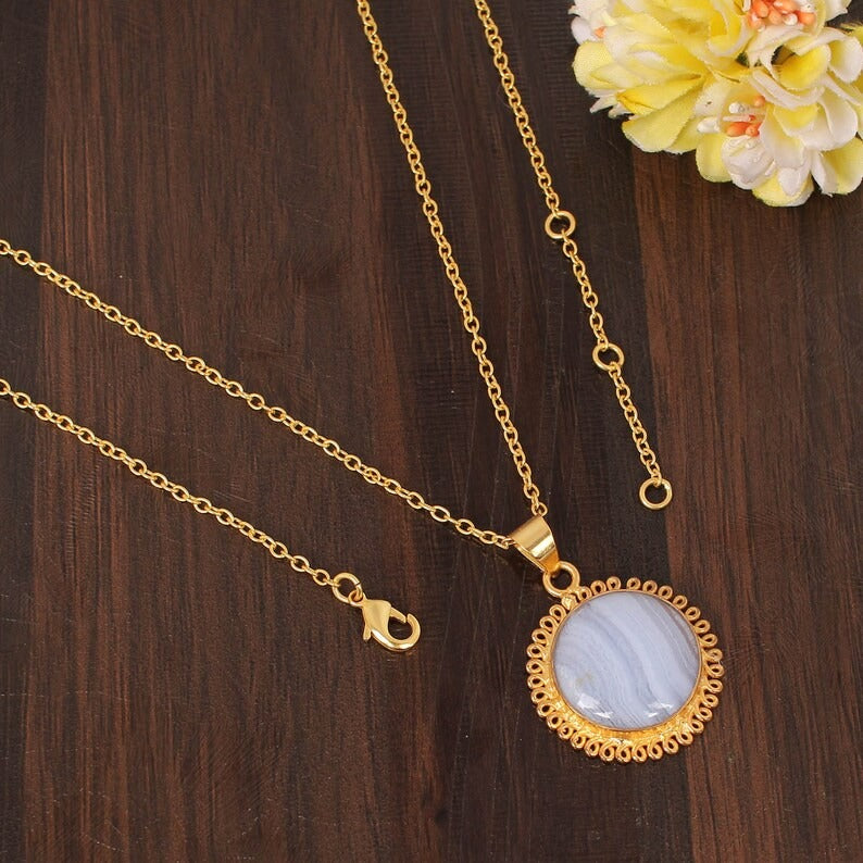 Natural Blue Lace Agate Gemstone Gold Plated Brass Necklace