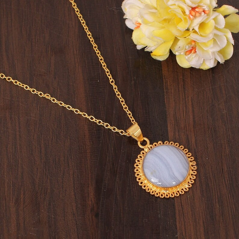 Natural Blue Lace Agate Gemstone Gold Plated Brass Necklace