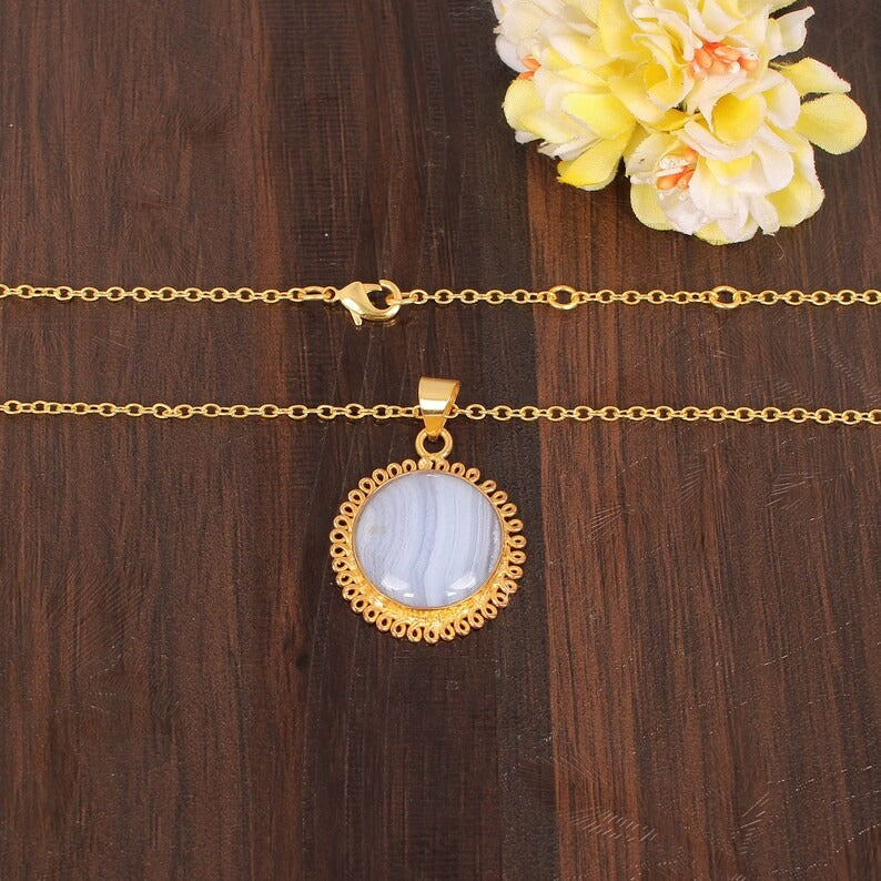 Natural Blue Lace Agate Gemstone Gold Plated Brass Necklace