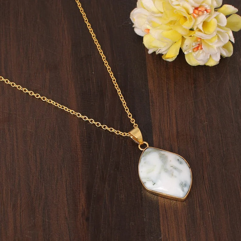 Natural Moss Agate Gemstone Gold Plated Necklace