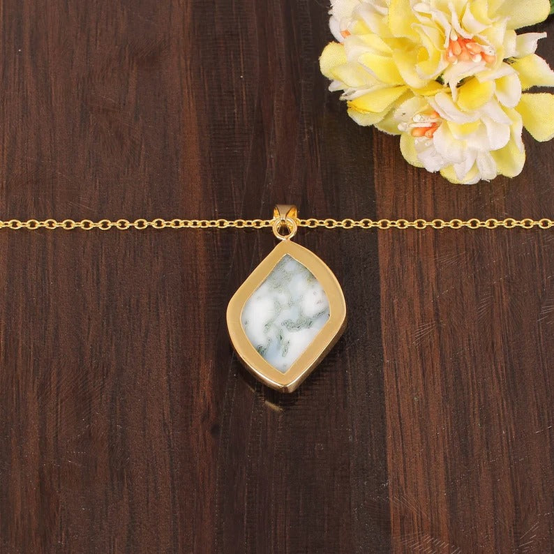 Natural Moss Agate Gemstone Gold Plated Necklace