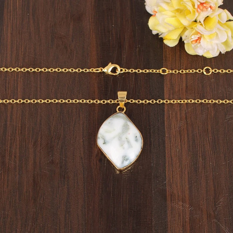 Natural Moss Agate Gemstone Gold Plated Necklace