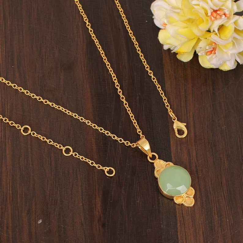 Green Chalcedony Gemstone Gold Plated Necklace