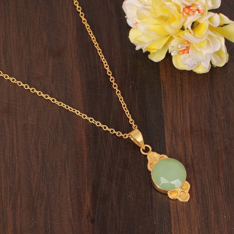 Green Chalcedony Gemstone Gold Plated Necklace