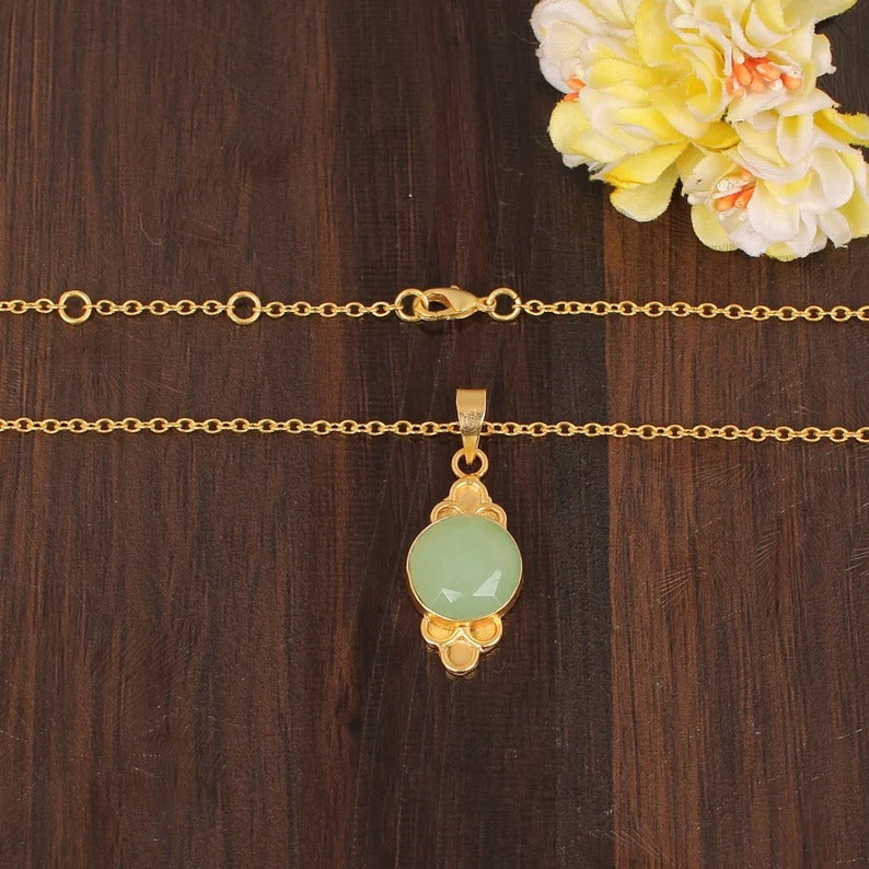 Green Chalcedony Gemstone Gold Plated Necklace