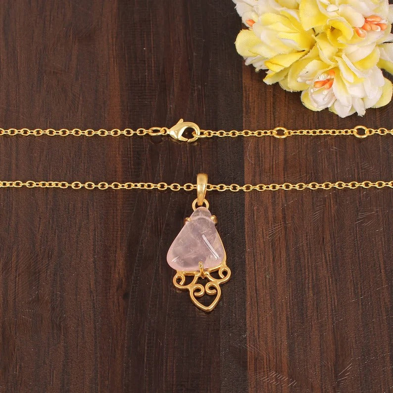 Natural Rose Quartz Gemstone Handmade Designer Brass Necklace