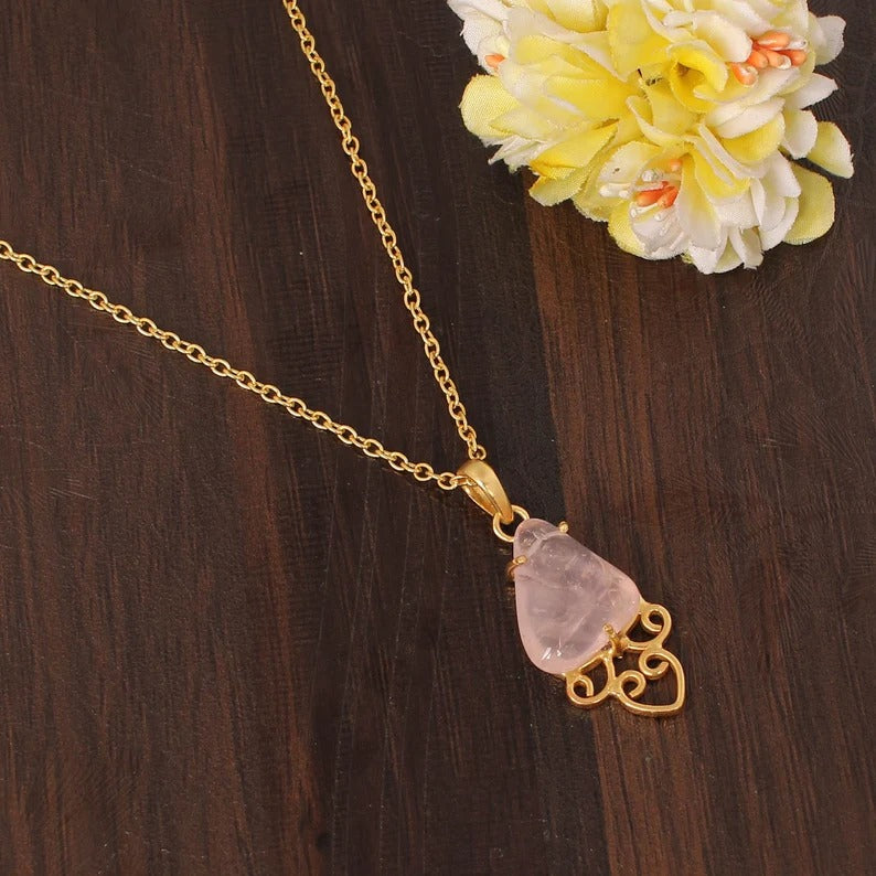 Natural Rose Quartz Gemstone Handmade Designer Brass Necklace