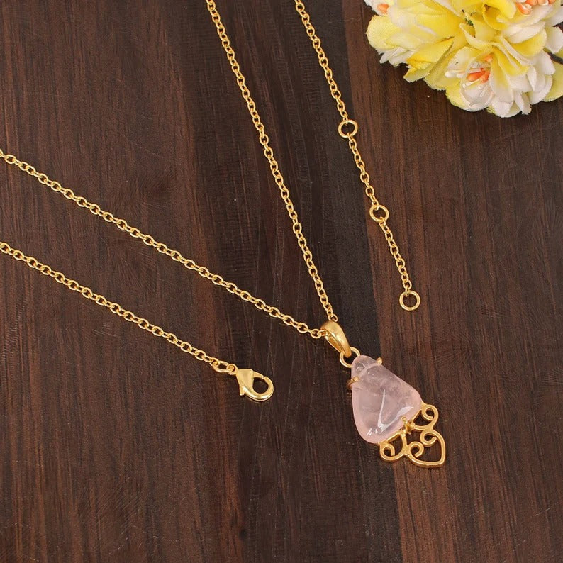 Natural Rose Quartz Gemstone Handmade Designer Brass Necklace