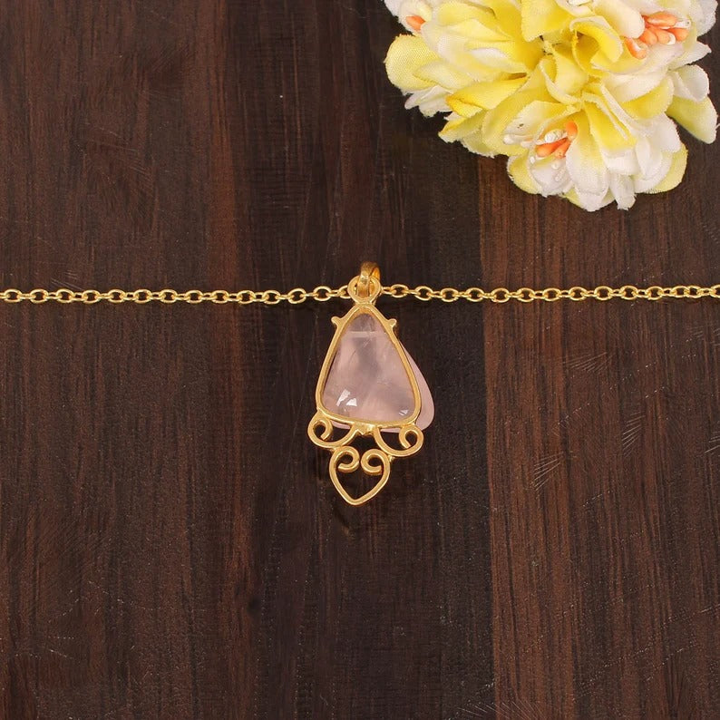 Natural Rose Quartz Gemstone Handmade Designer Brass Necklace