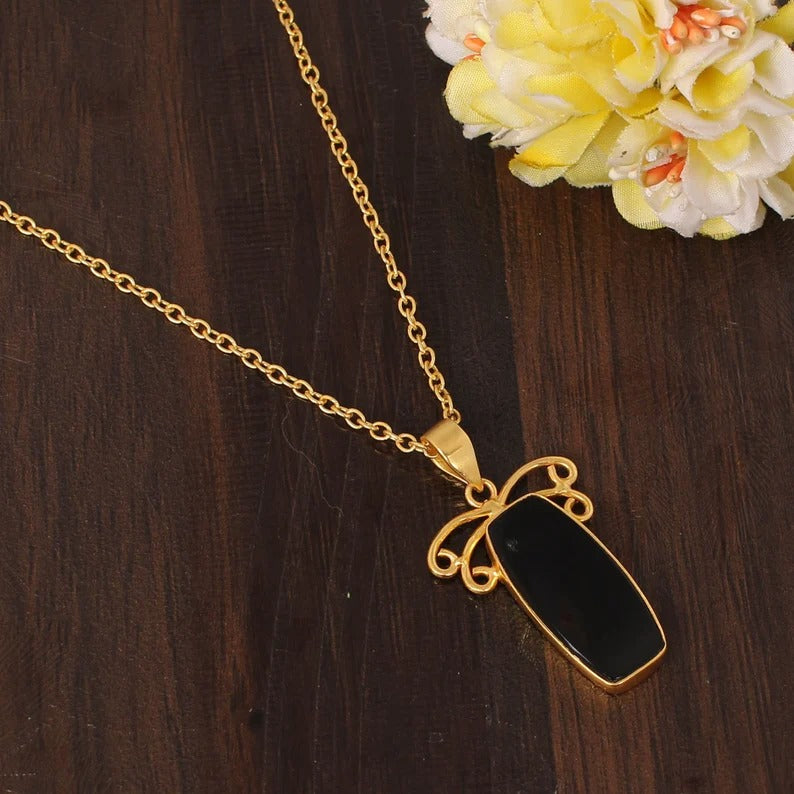 Natural Black Onyx Gemstone Gold Plated Brass Necklace