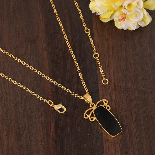 Natural Black Onyx Gemstone Gold Plated Brass Necklace