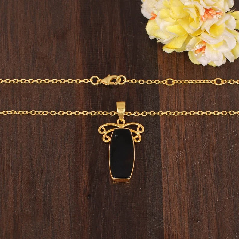 Natural Black Onyx Gemstone Gold Plated Brass Necklace