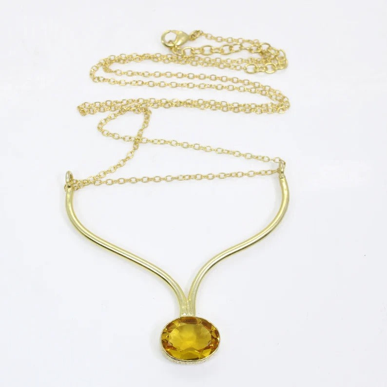 Citrine Gemstone Gold Plated Handmamde Designer Brass Necklace