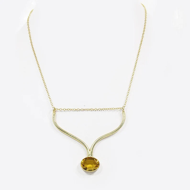 Citrine Gemstone Gold Plated Handmamde Designer Brass Necklace