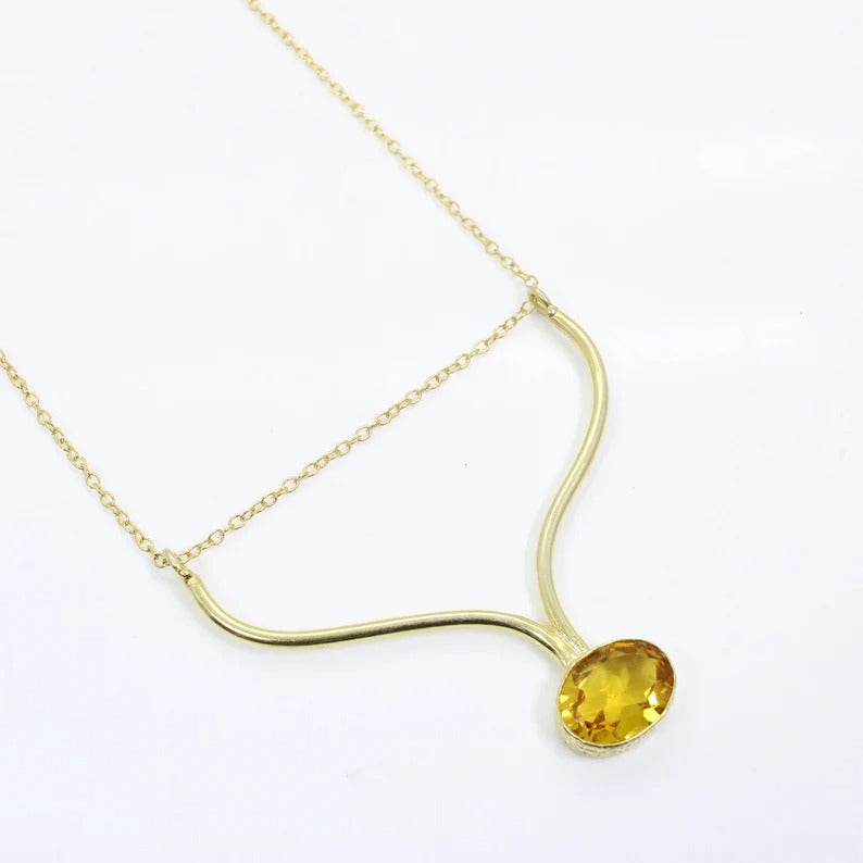 Citrine Gemstone Gold Plated Handmamde Designer Brass Necklace