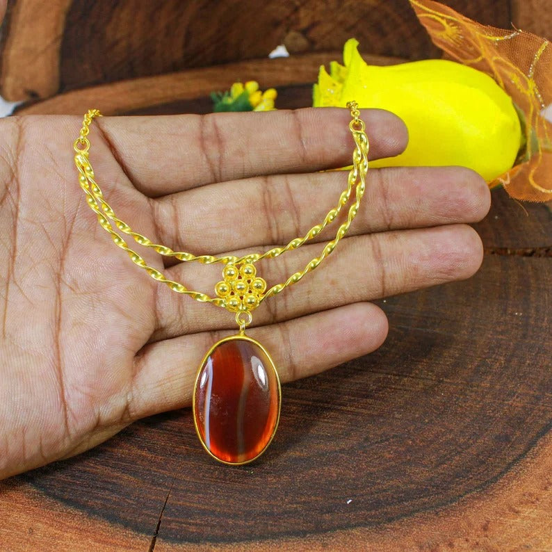 Natural Red SardOnyx Gemstone Gold Plated Brass Necklace