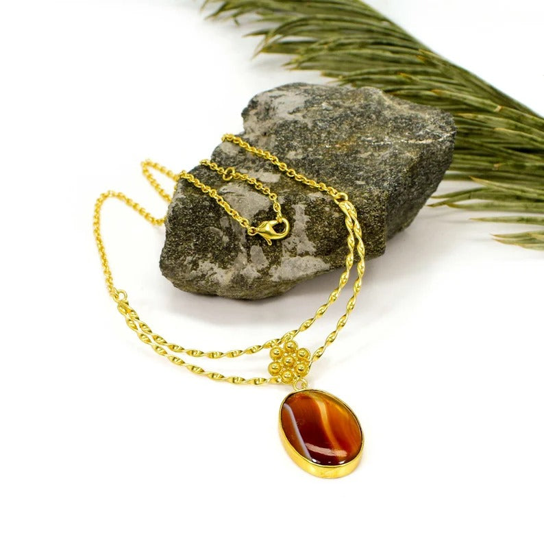 Natural Red SardOnyx Gemstone Gold Plated Brass Necklace