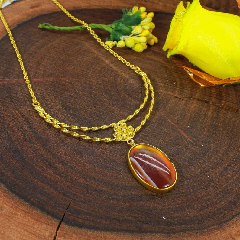 Natural Red SardOnyx Gemstone Gold Plated Brass Necklace