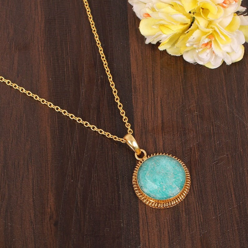 Natural Blue Amazonite Gemstone Gold Plated Brass Necklace