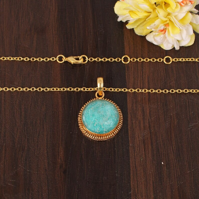 Natural Blue Amazonite Gemstone Gold Plated Brass Necklace