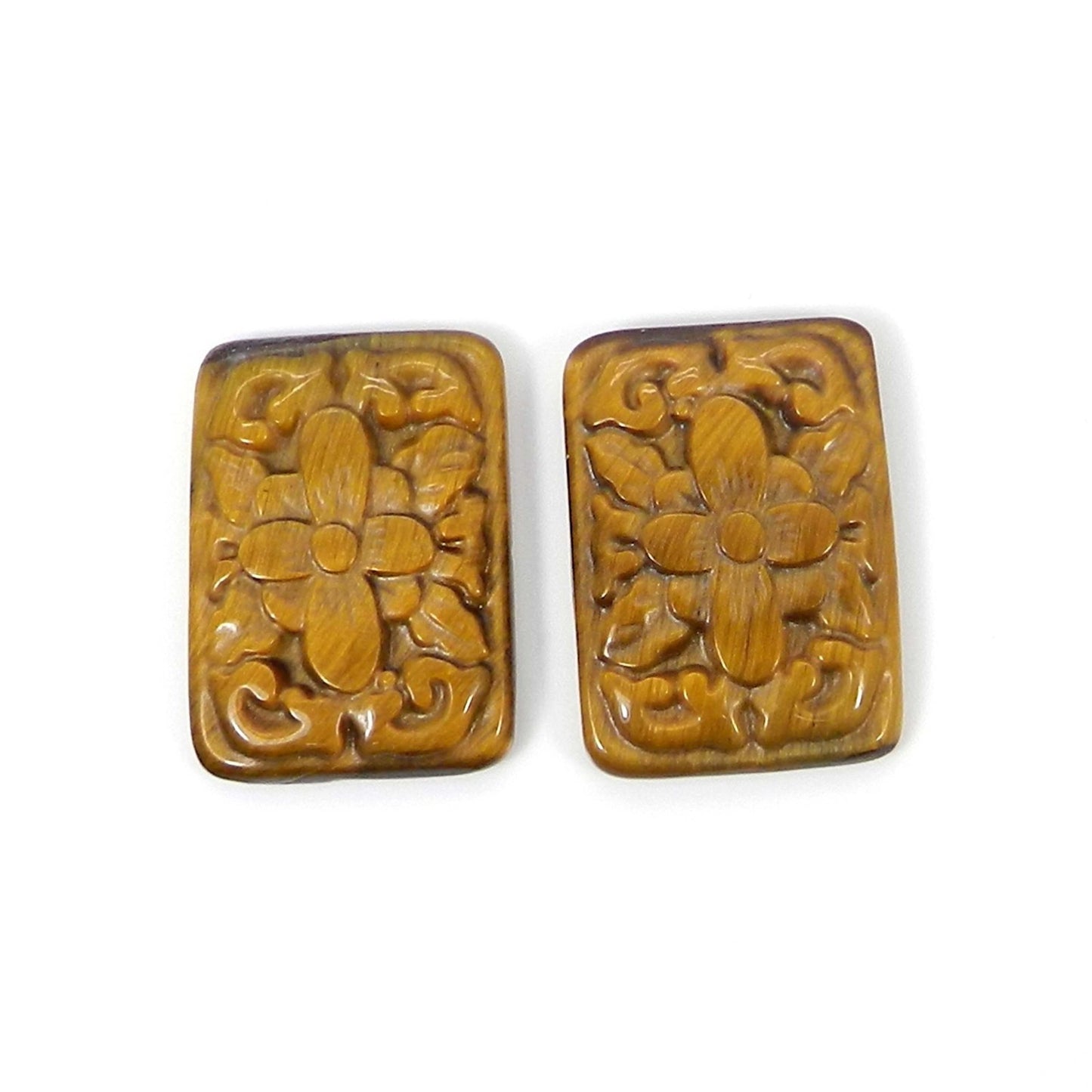 1 Pair Tiger Eye Carving 23x16mm Rectangle 28.50 Cts