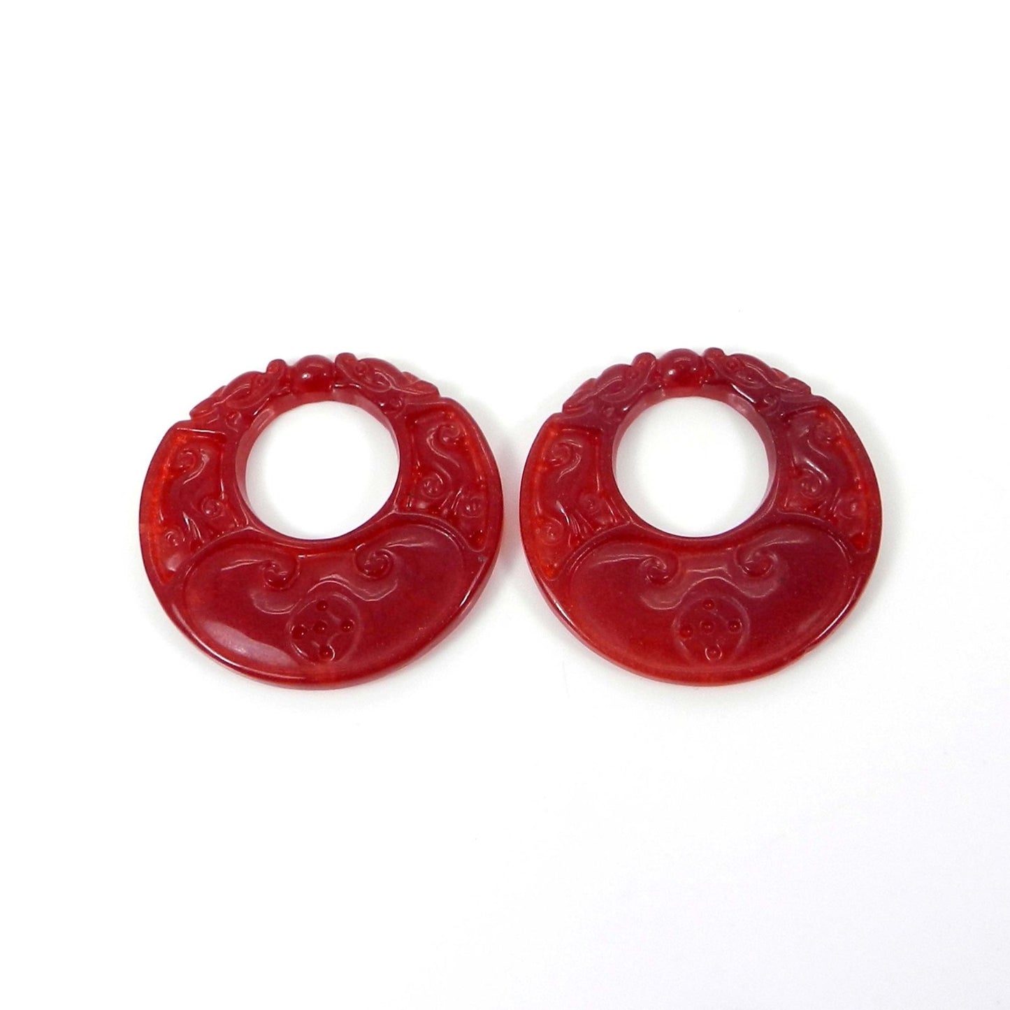 1 Pair Red Jade Carving 34mm Round 52.05 Cts